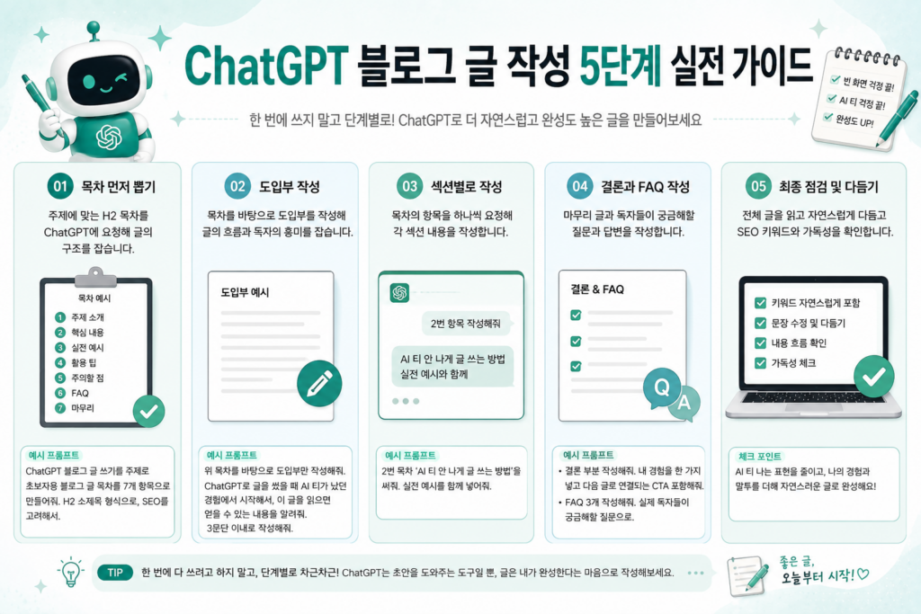 ChatGPT 블로그 글 작성 5단계 실전 가이드 인포그래픽