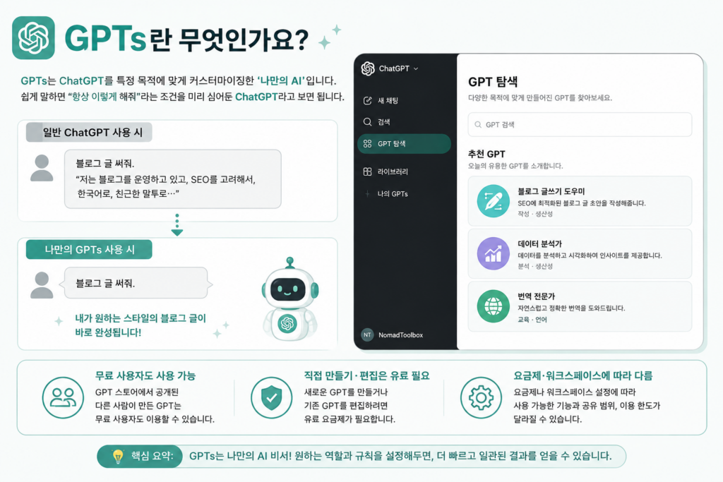 GPTs 개념을 설명하는 ChatGPT 화면