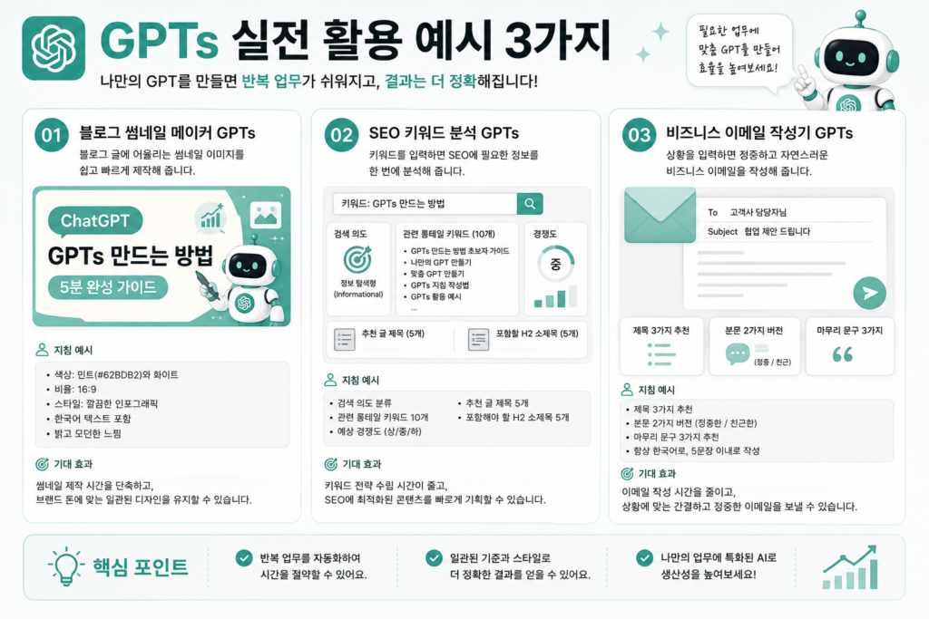 GPTs 실전 활용 예시 3가지 인포그래픽