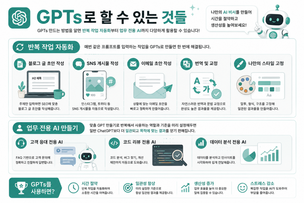 GPTs로 할 수 있는 다양한 활용 예시 인포그래픽