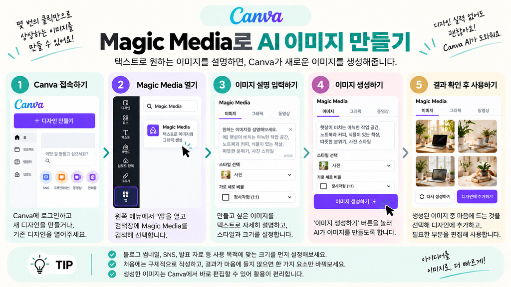 Canva Magic Media에서 AI 이미지를 생성하는 방법 인포그래픽