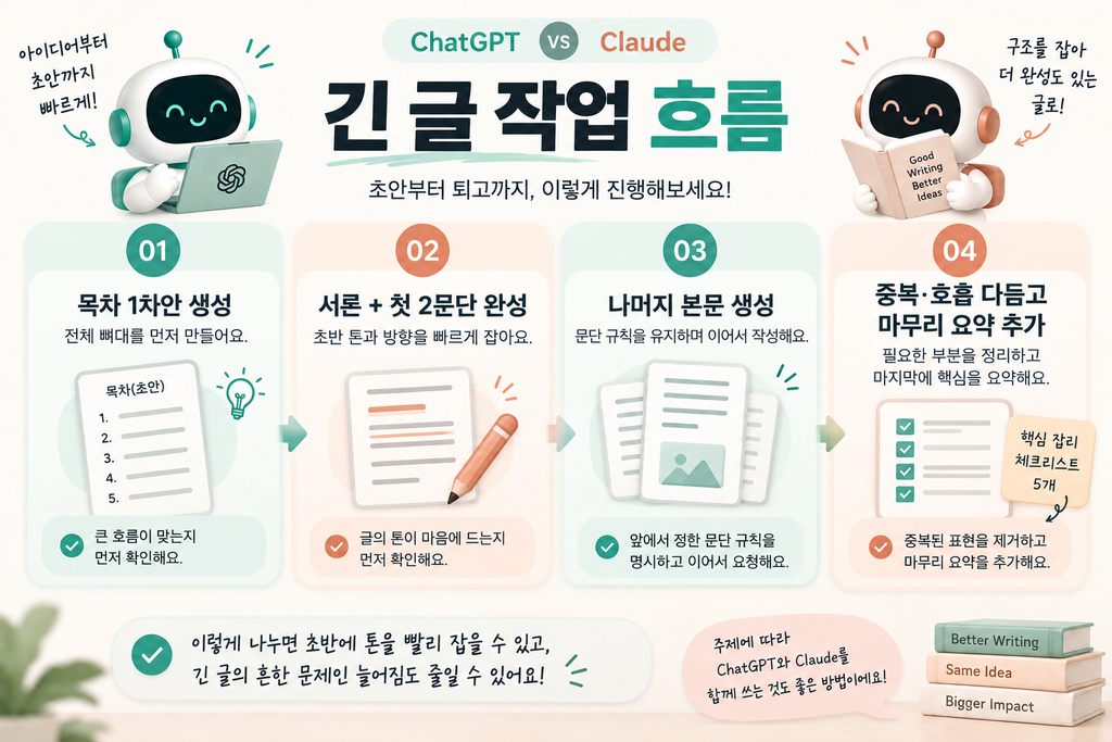ChatGPT vs Claude 긴 글 작업 흐름 4단계 인포그래픽