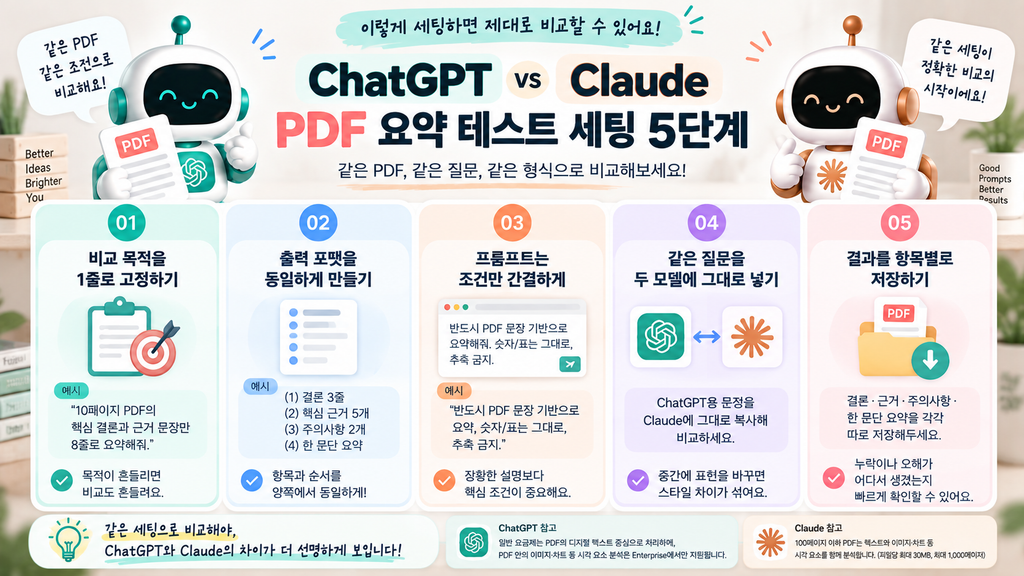 ChatGPT vs Claude PDF 요약 테스트 세팅 5단계 인포그래픽