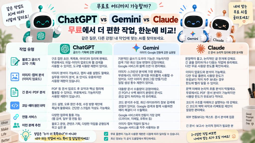 ChatGPT vs Gemini vs Claude 무료 작업 유형별 비교 인포그래픽